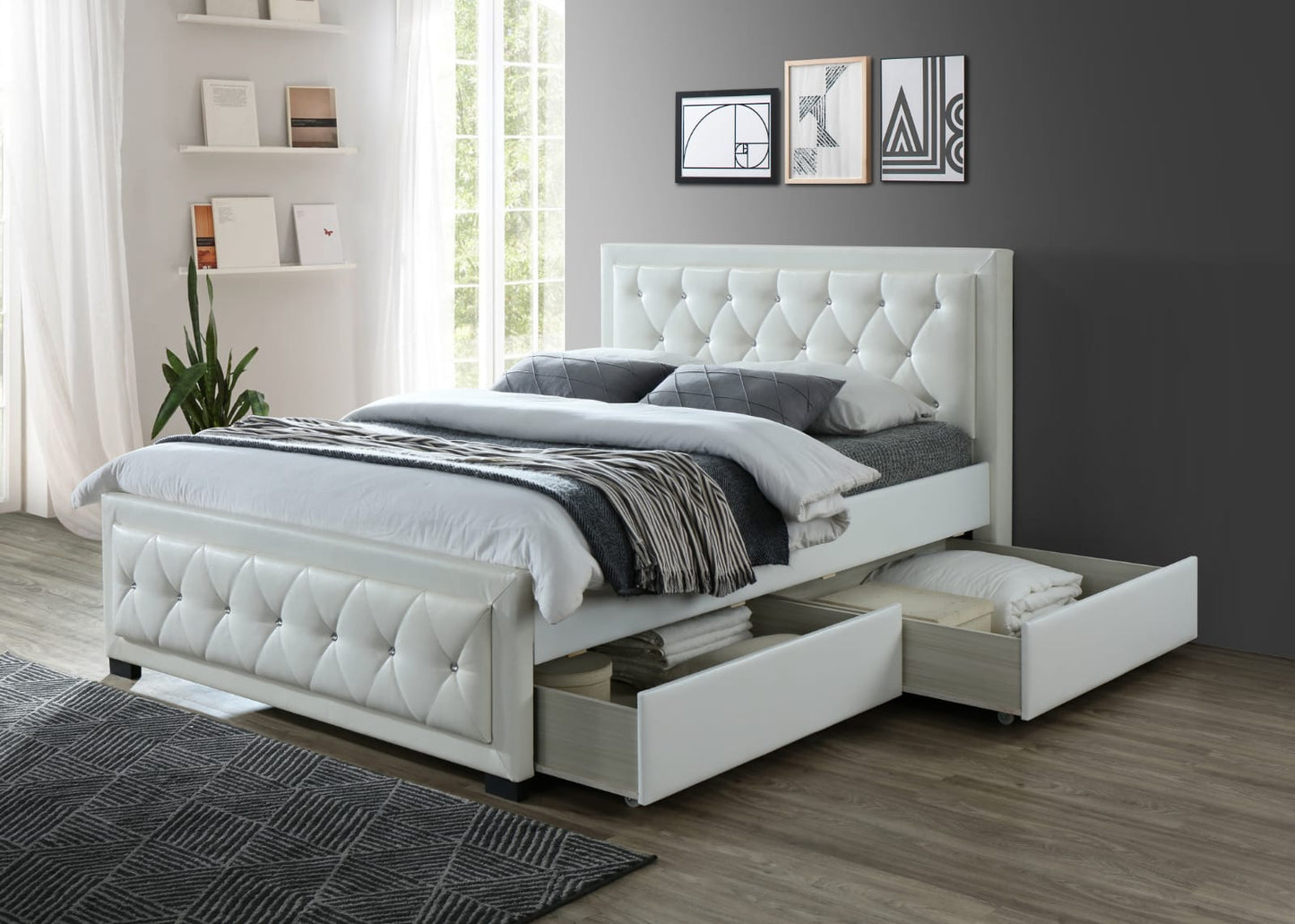 QUEEN SIZE- (1010 WHITE)- CRYSTAL TUFTED- LEATHER STORAGE BED FRAME- WITH DRAWERS- WITH SLATS
