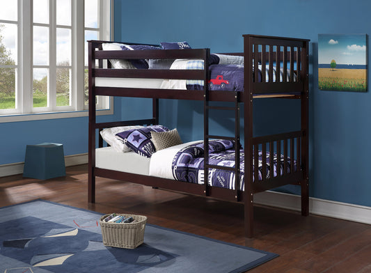 TWIN/ TWIN- (101 ESPRESSO)- WOOD BUNK BED- WITH SLATS