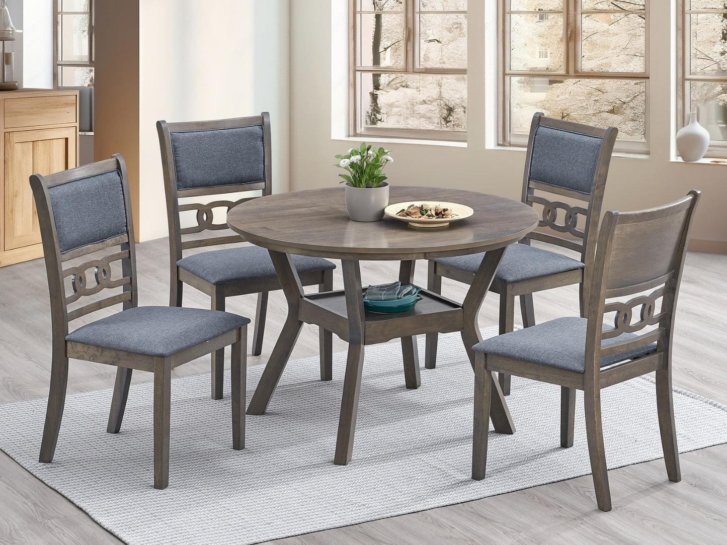 (1079- 1084 GREY- 5)- 42" ROUND- WOOD DINING TABLE- WITH 4 CHAIRS