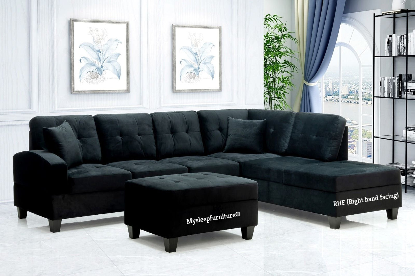 (AM 1311 BLACK RHF)- FABRIC SECTIONAL SOFA- WITH STORAGE OTTOMAN