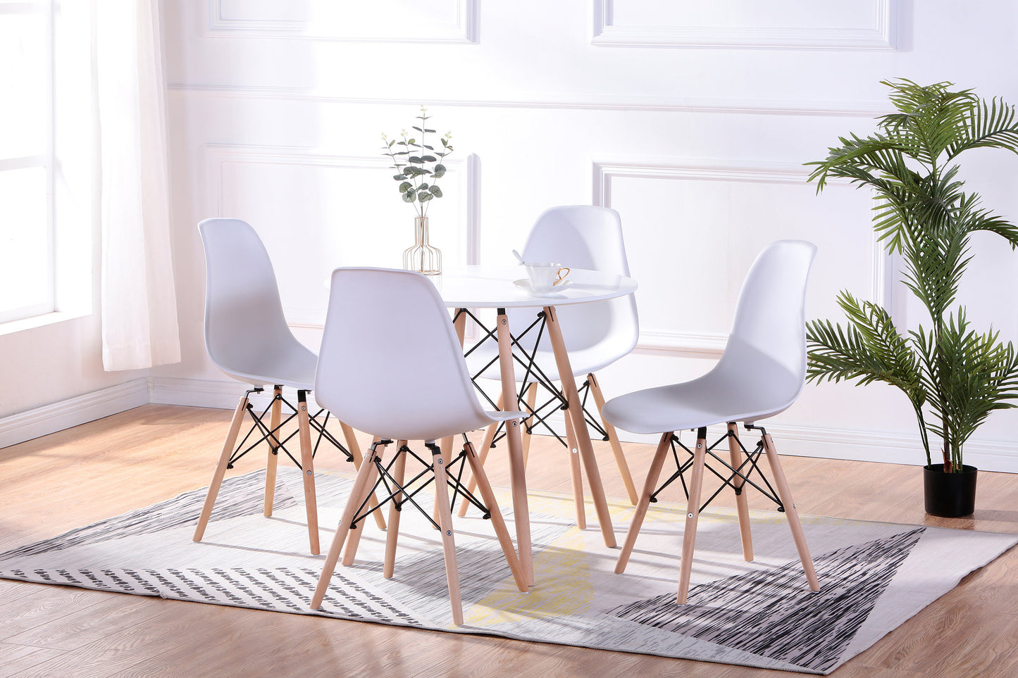(1405 WHITE- 1421 WHITE- 5)- 32" ROUND- WOOD DINING TABLE- WITH 4 CHAIRS