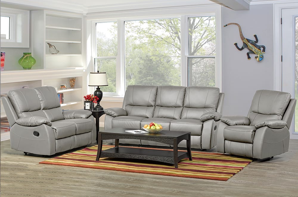 (1415 GREY SLC)- GENUINE LEATHER MATCH - MANUAL RECLINER SOFA SET- out of stock until SEPTEMBER 13, 2025