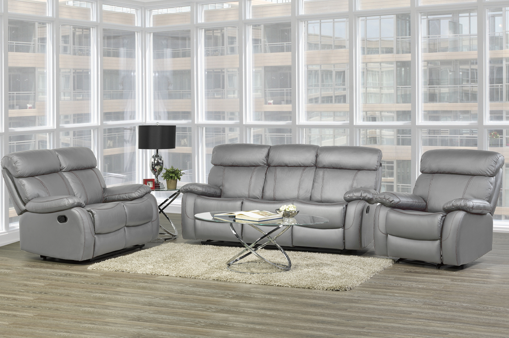 (1420 GREY SLC)- GENUINE LEATHER MATCH- MANUAL RECLINER SOFA SET- out of stock until FEBRUARY 25, 2025