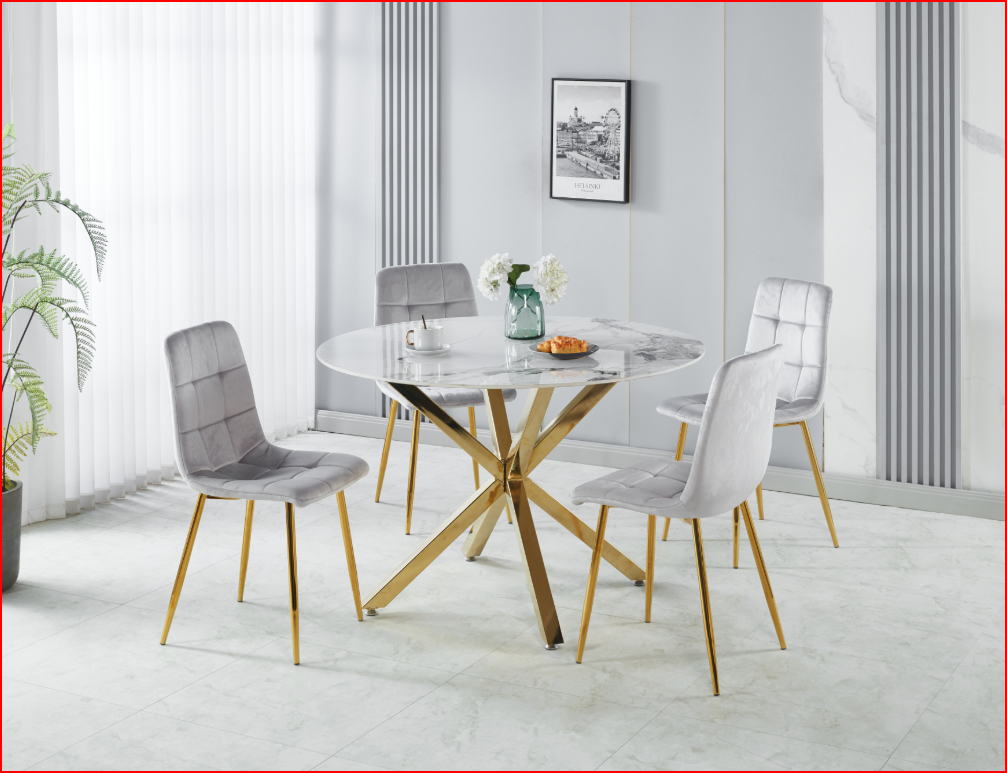 (17 GOLD- 170 GREY- 5)- 47" ROUND- CERAMIC DINING TABLE- WITH 4 CHAIRS- TEXT OR WHATSAPP 416 319 8851 FOR STOCK AVAILABILITY BEFORE PAYING