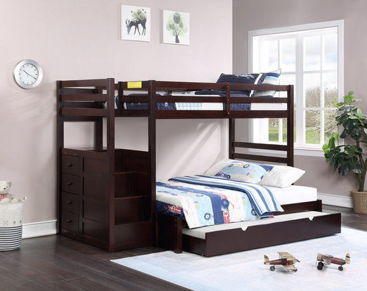 TWIN/ DOUBLE- (1890 EK ESPRESSO)- STAIRCASE WOOD BUNK BED- WITH TRUNDLE