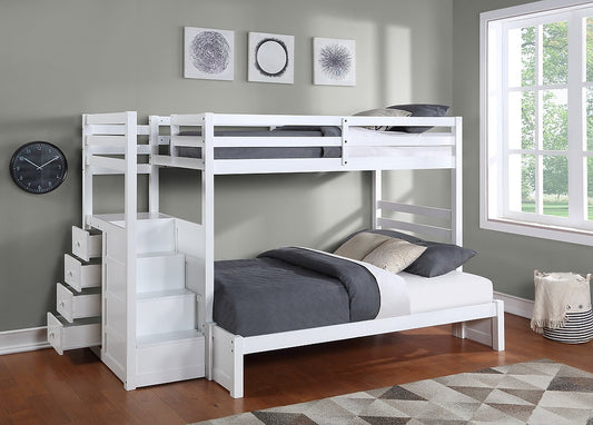 TWIN/ DOUBLE- (1892 EK WHITE)- STAIRCASE WOOD BUNK BED- OUT OF STOCK UNTIL MARCH 1, 2024