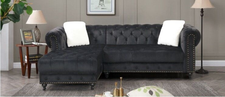 (2030 BLACK RHF)- VELVET FABRIC SECTIONAL SOFA- TEXT OR WHATSAPP @ 416 319 8851 FOR STOCK AVAILABILITY BEFORE PAYING