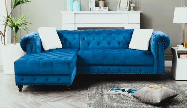 (2030 BLUE LHF)- VELVET FABRIC SECTIONAL SOFA- TEXT OR WHATSAPP @ 416 319 8851 FOR STOCK AVAILABILITY BEFORE PAYING