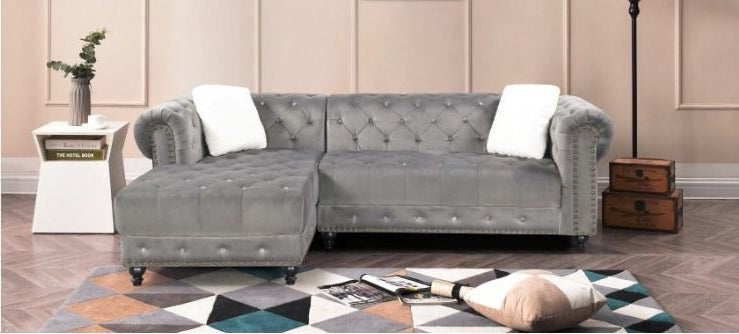 (2030 grey LHF)- VELVET FABRIC SECTIONAL SOFA- TEXT OR WHATSAPP @ 416 319 8851 FOR STOCK AVAILABILITY BEFORE PAYING