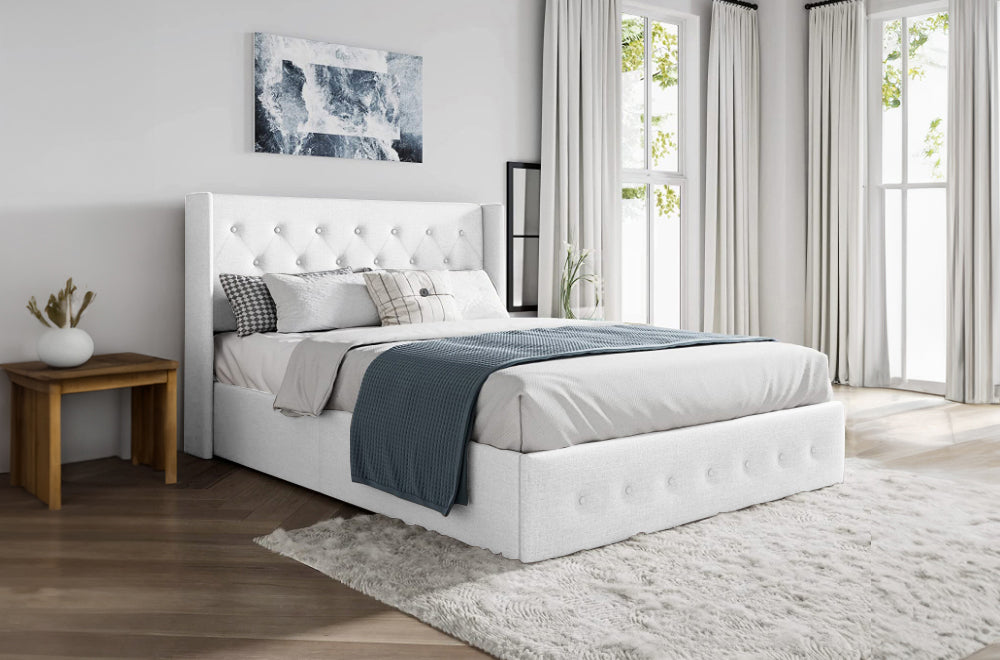DOUBLE (FULL) SIZE- (2162 OFF WHITE)- LINEN FABRIC BED FRAME IN A BOX- WITH LIFT UP STORAGE