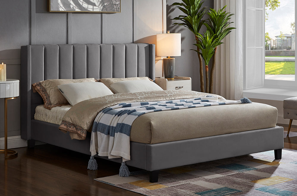 DOUBLE (FULL) SIZE- (2190 GREY)- VELVET FABRIC BED FRAME- WITH SLATS- out of stock until june 10, 2025