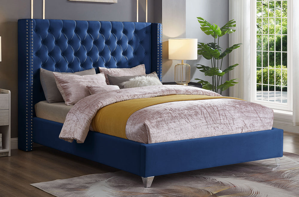 KING SIZE- (2380 BLUE)- BUTTON TUFTED- VELVET FABRIC BED FRAME- WITH SLATS