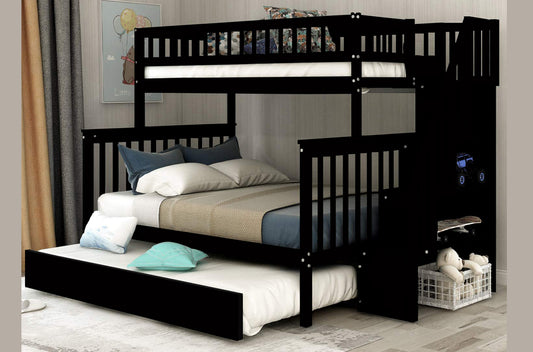 TWIN/ DOUBLE- (2594 ESPRESSO)- WOOD BUNK BED- WITH STAIRCASE- WITH TRUNDLE
