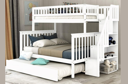 TWIN/ DOUBLE- (2594 WHITE)- WOOD BUNK BED- WITH STAIRCASE- WITH TRUNDLE