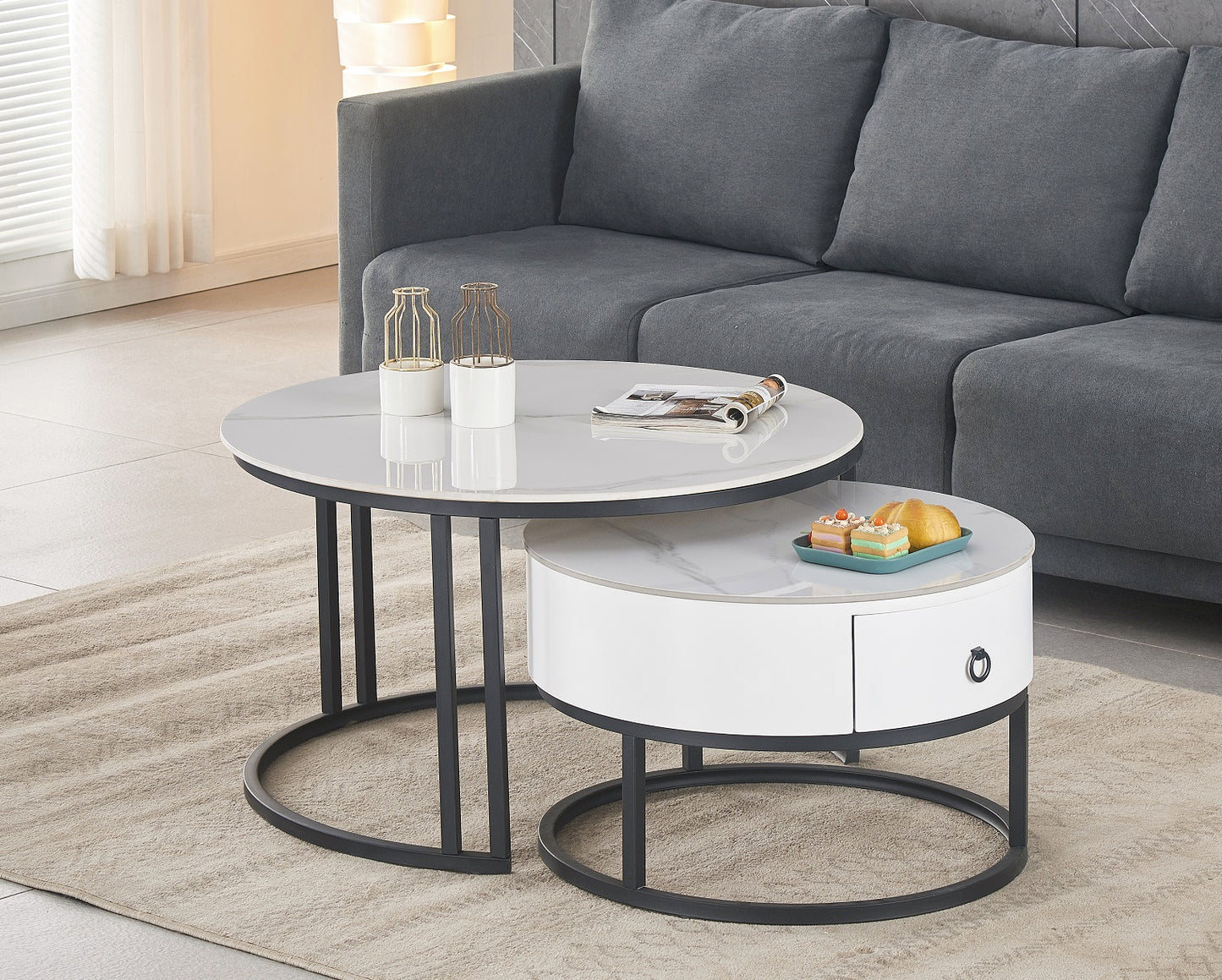 (2669 WHITE) - SINTERED STONE NESTING COFFEE TABLE- WITH DRAWER