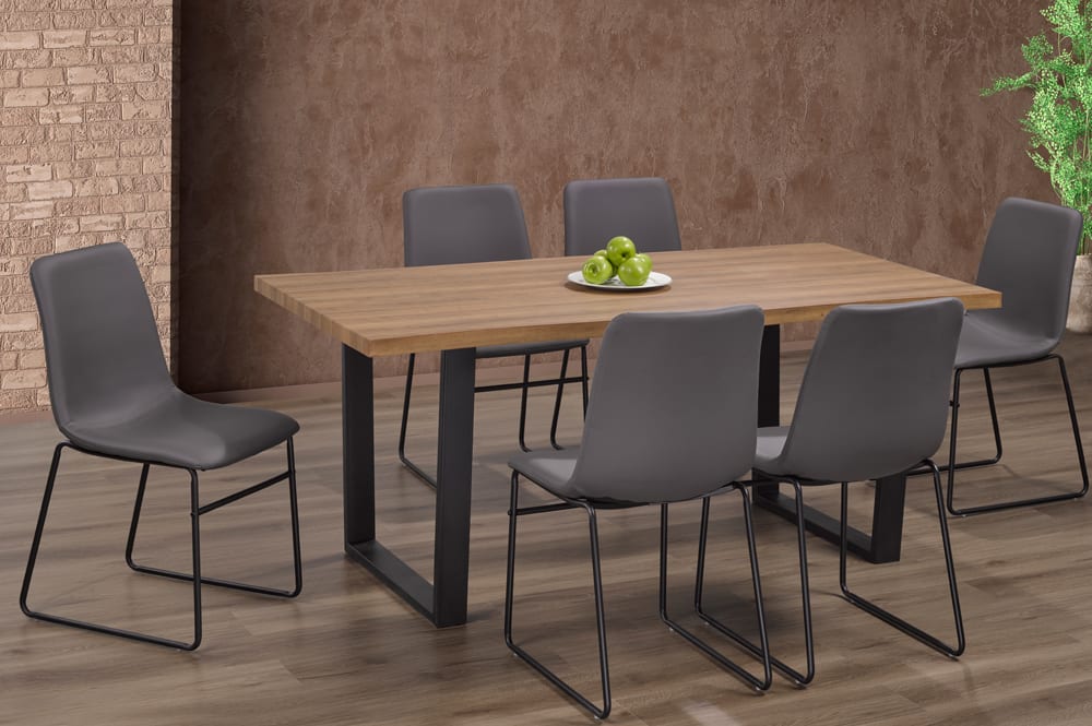 (3350- 211 GREY- 7)- 71" LONG- WOOD DINING TABLE- WITH 6 LEATHER CHAIRS
