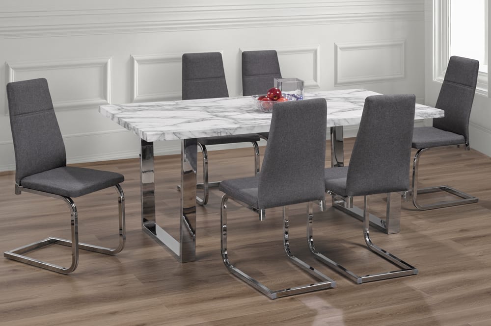 (3355- 210 GREY- 7)- 71" LONG- MARBLE LOOK DINING TABLE- WITH 6 FABRIC CHAIRS
