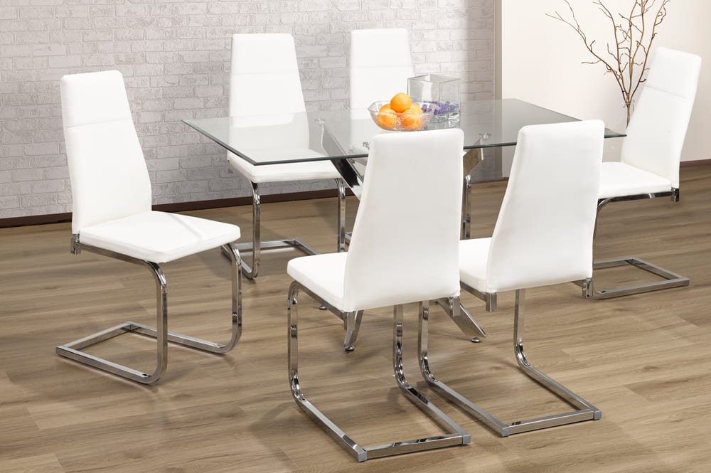 (1448- 210 WHITE- 7)- 63" LONG- GLASS DINING TABLE- WITH 6 CHAIRS