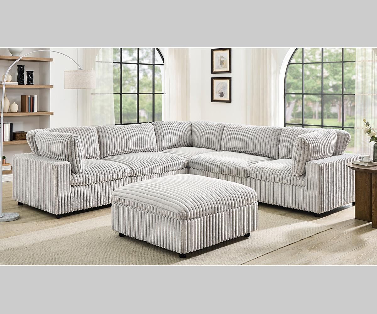 (COLTON GREY)- CORDUROY FABRIC MODULAR SECTIONAL SOFA- TEXT OR WHATSAPP 416 319 8851 FOR STOCK AVAILABILITY BEFORE PAYING