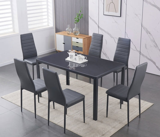 (5051 GREY- 7)- GLASS DINING TABLE- WITH 6 CHAIRS