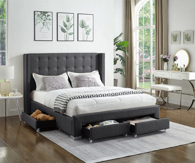 Grey fabric store queen bed