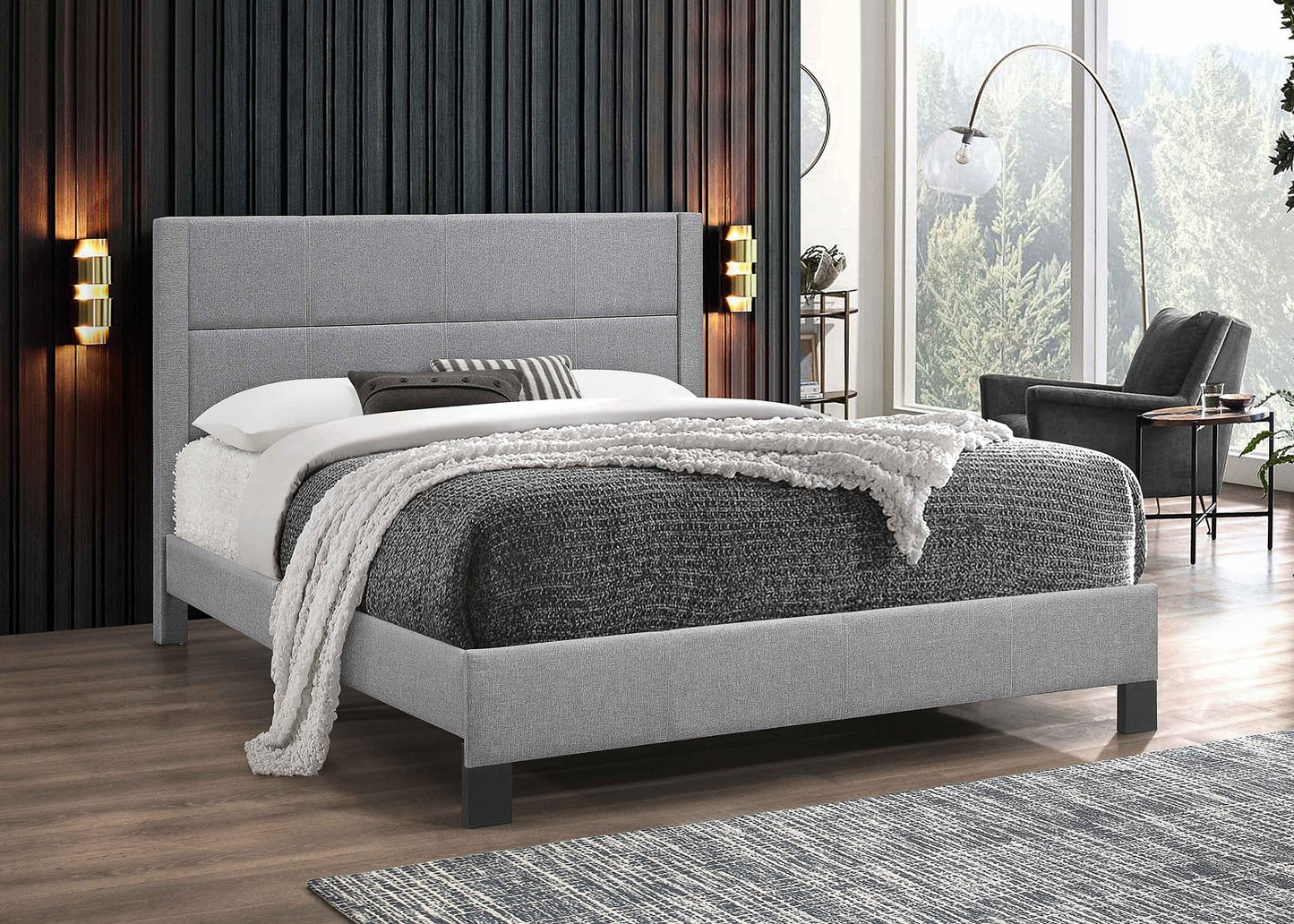 QUEEN SIZE- (5354 LIGHT GREY)- FABRIC BED FRAME- WITH SLATS- (BOX SPRING RECOMMENDED)
