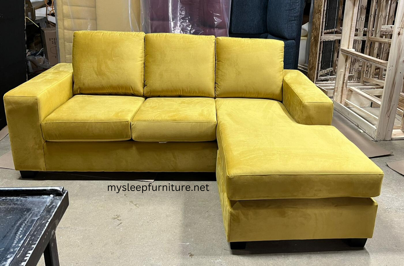 (817 PILLOW BACK YELLOW SSEC)- VELVET FABRIC- REVERSIBLE- CANADIAN MADE SECTIONAL SOFA- DELIVERY AFTER 3 WEEKS
