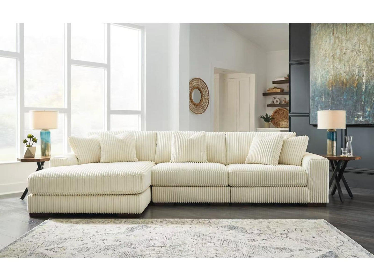 (ALBANY IVORY LHF)- CORDUROY SECTIONAL SOFA- TEXT OR WHATSAPP 416 319 8851 FOR STOCK AVAILABILITY BEFORE PAYING