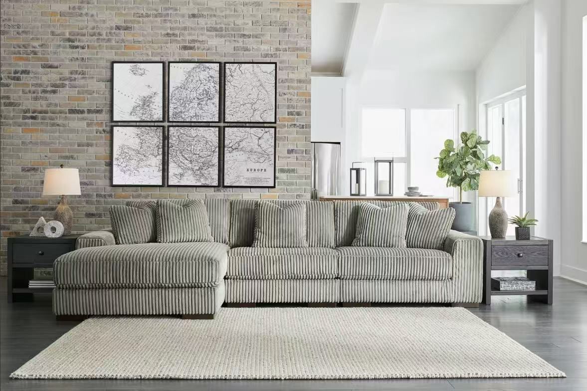 (ALBANY GREY LHF)- CORDUROY SECTIONAL SOFA- TEXT OR WHATSAPP 416 319 8851 FOR STOCK AVAILABILITY BEFORE PAYING