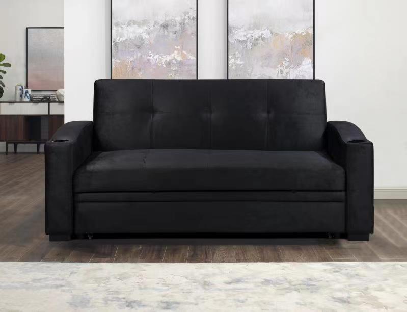 (ASHLEY BLACK)- 75" LONG- SUEDE FABRIC PULL OUT SOFA BED- TEXT OR WHATSAPP 416 319 8851 FOR STOCK AVAILABILITY BEFORE PAYING