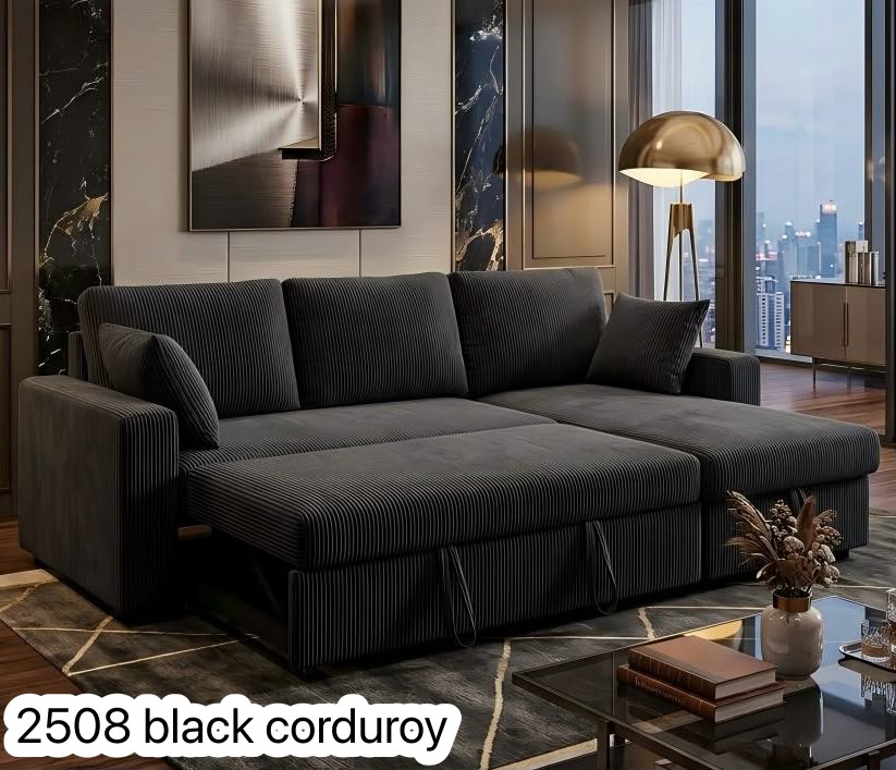 (2508 BLACK)- 88" LONG- REVERSIBLE- CORDUROY FABRIC SECTIONAL SOFA WITH PULL OUT BED