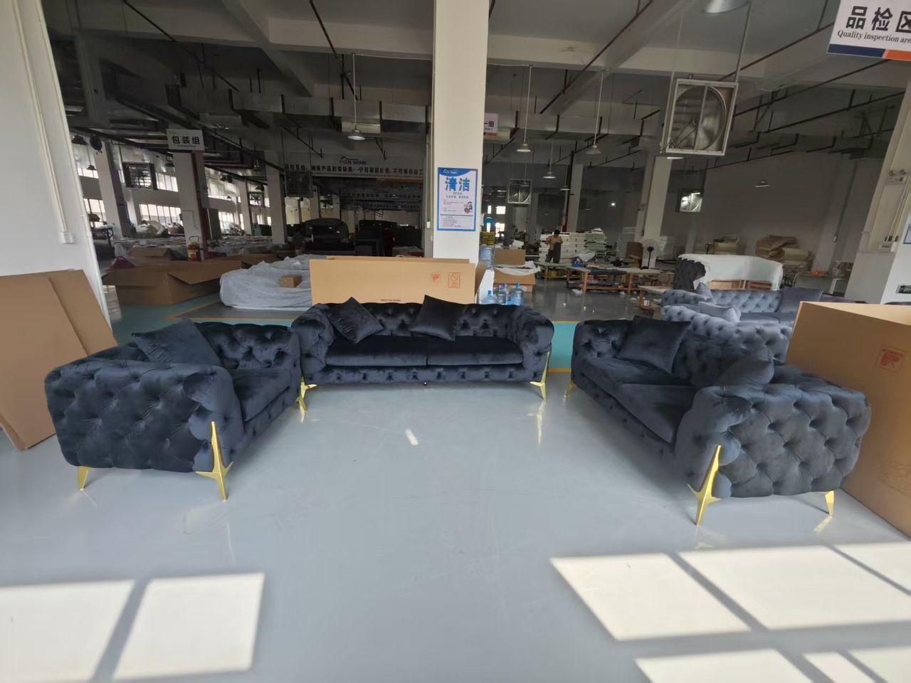 (FV ROLA BLACK SLC)- VELVET FABRIC- BUTTON TUFTED- SOFA + LOVESEAT + CHAIR- TEXT OR WHATSAPP 416 319 8851 FOR STOCK AVAILABILITY BEFORE PAYING