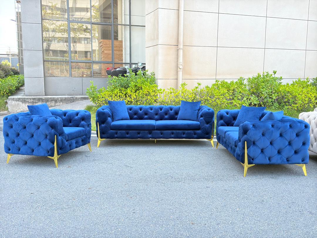 (FV ROLA BLUE SLC)- VELVET FABRIC- BUTTON TUFTED- SOFA + LOVESEAT + CHAIR- TEXT OR WHATSAPP 416 319 8851 FOR STOCK AVAILABILITY BEFORE PAYING