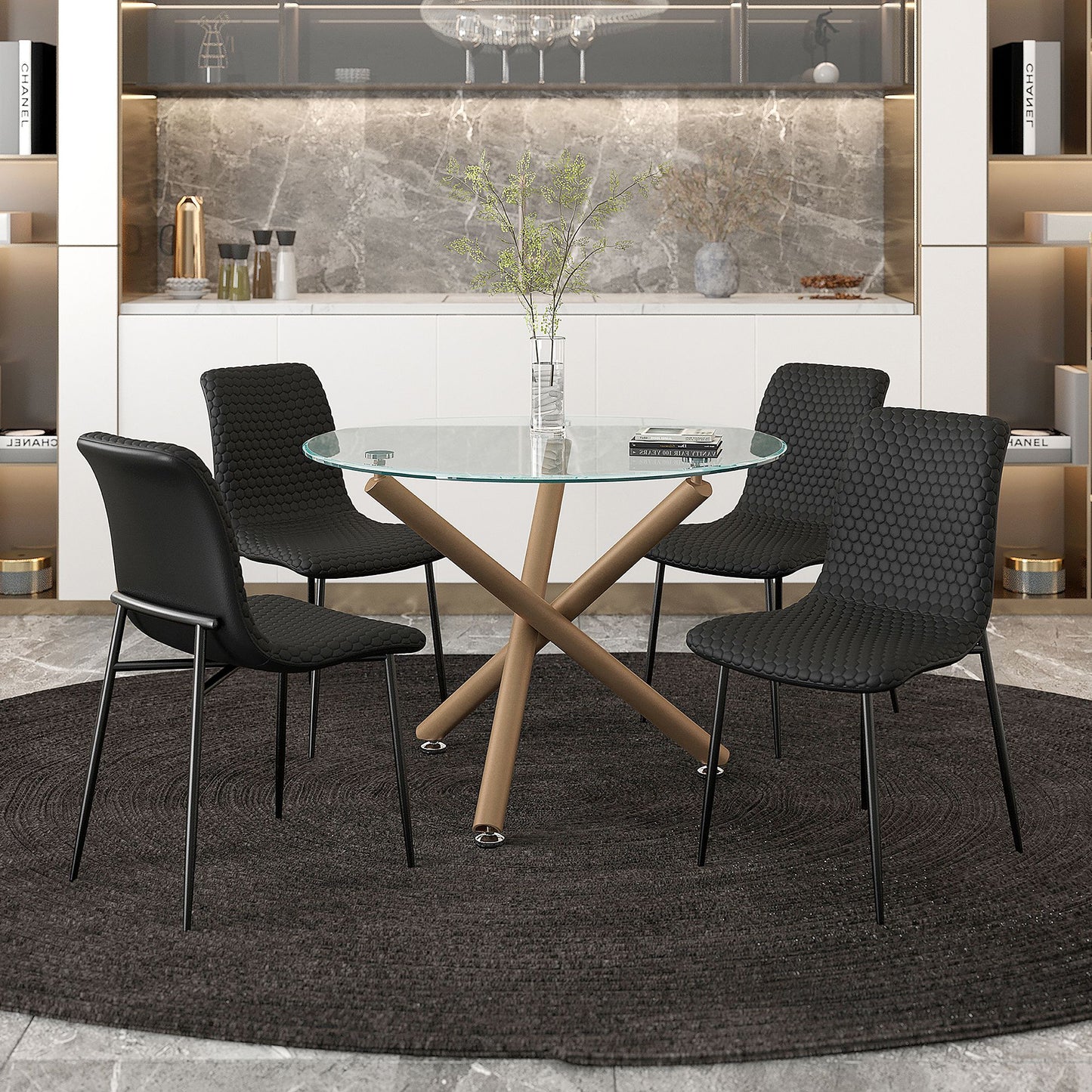 (CARMILLA- BRIXX BLACK- 5)- 39" ROUND DINING TABLE- WITH 4 CHAIRS- TEXT OR WHATSAPP 416 319 8851 FOR STOCK AVAILABILITY BEFORE PAYING