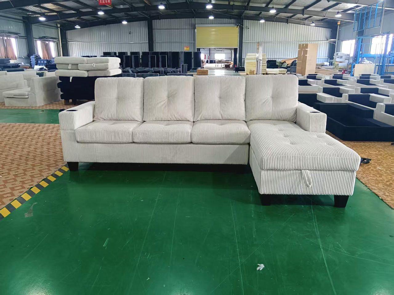 (COURTNEY CREAM)- REVERSIBLE- CORDUROY 4 SEATER STORAGE SECTIONAL SOFA- TEXT OR WHATSAPP 416 319 8851 FOR STOCK AVAILABILITY BEFORE PAYING