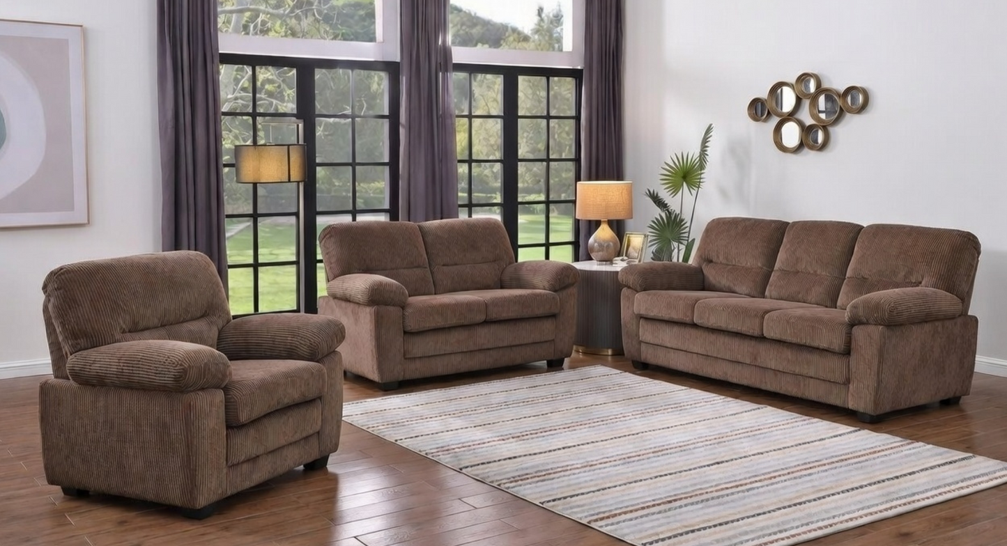 (CRYSTAL BROWN SLC)- CORDUROY FABRIC SOFA + LOVESEAT + CHAIR- TEXT OR WHATSAPP 416 319 8851 FOR STOCK AVAILABILITY BEFORE PAYING