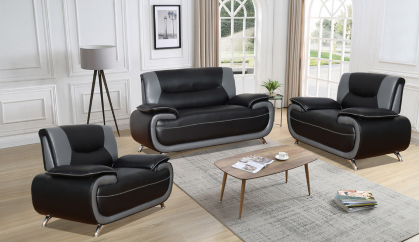 (DALIA BLACK/ GREY)- LEATHER SOFA + LOVESEAT + CHAIR- TEXT OR WHATSAPP 416 319 8851 FOR STOCK AVAILABILITY BEFORE PAYING