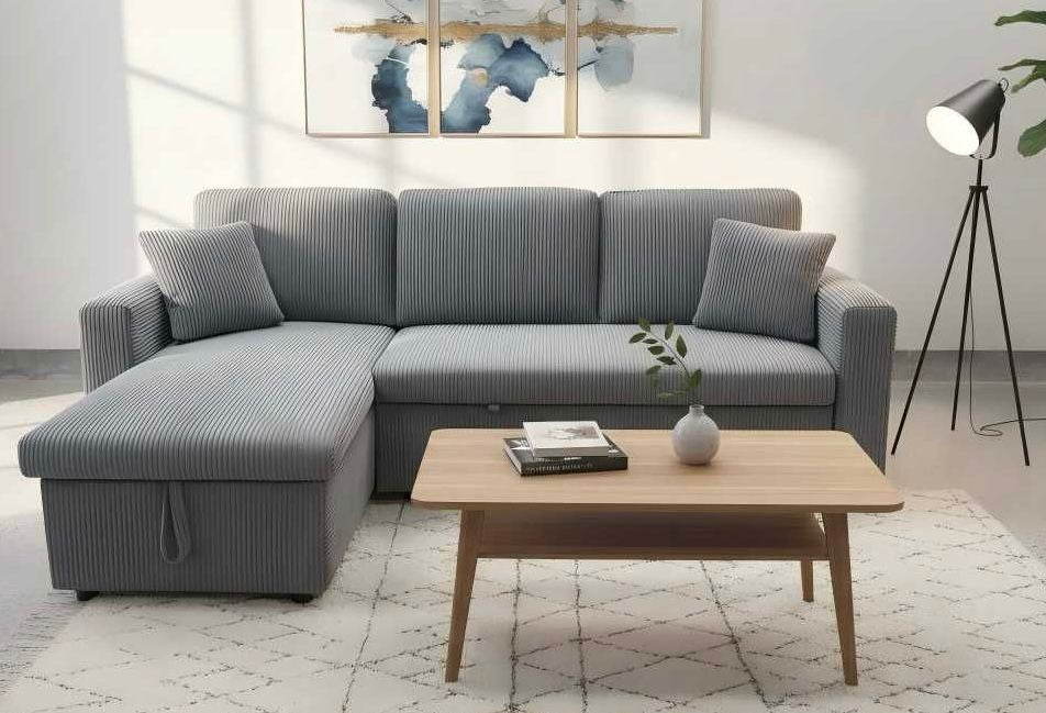 (2508 DARK GREY)- 88" LONG- REVERSIBLE- CORDUROY FABRIC SECTIONAL SOFA WITH PULL OUT BED