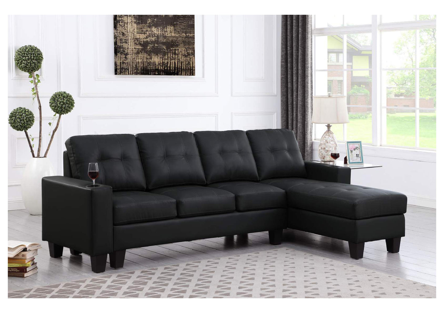 (DIAMOND BLACK)- REVERSIBLE- LEATHER SECTIONAL SOFA
