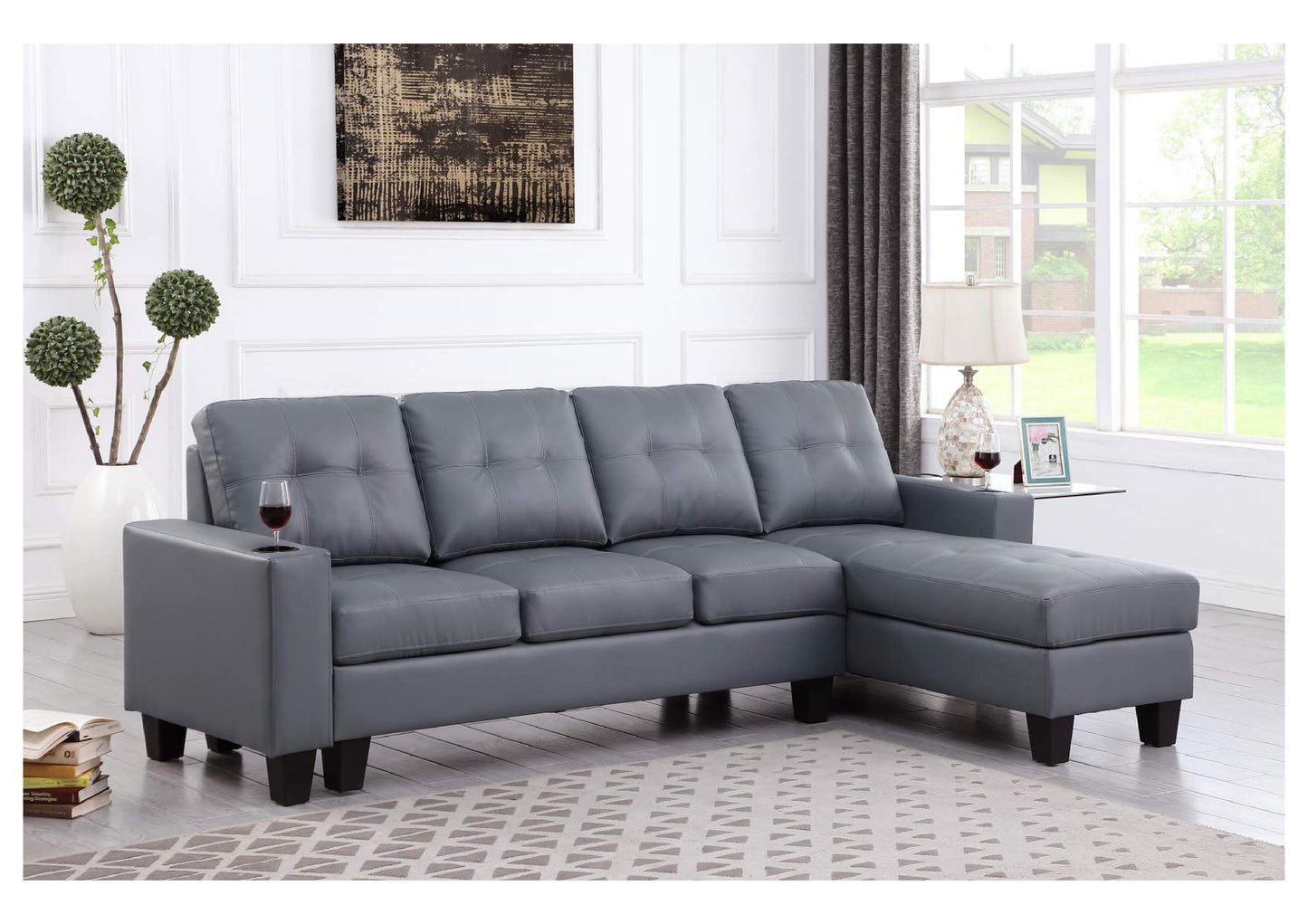 (DIAMOND GREY LEATHER)- REVERSIBLE SECTIONAL SOFA