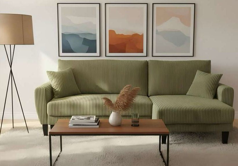 (2507 GREEN)- 91" LONG- REVERSIBLE- CORDUROY FABRIC SECTIONAL SOFA WITH PULL OUT BED