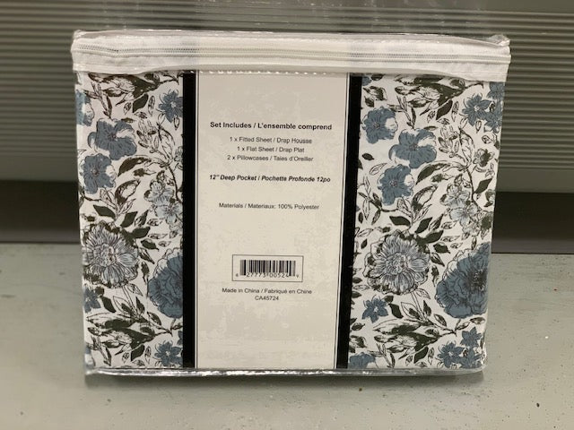 DOUBLE (FULL) SIZE- (BELLISIMO GREY PRINT)- 12" DEEP- 4 PC. BED SHEET SET