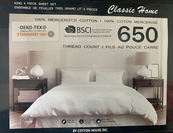 KING SIZE- (CLASSIC HOME WHITE)- 100% COTTON- 650 THREAD COUNT- 4 PC. BED SHEET SET