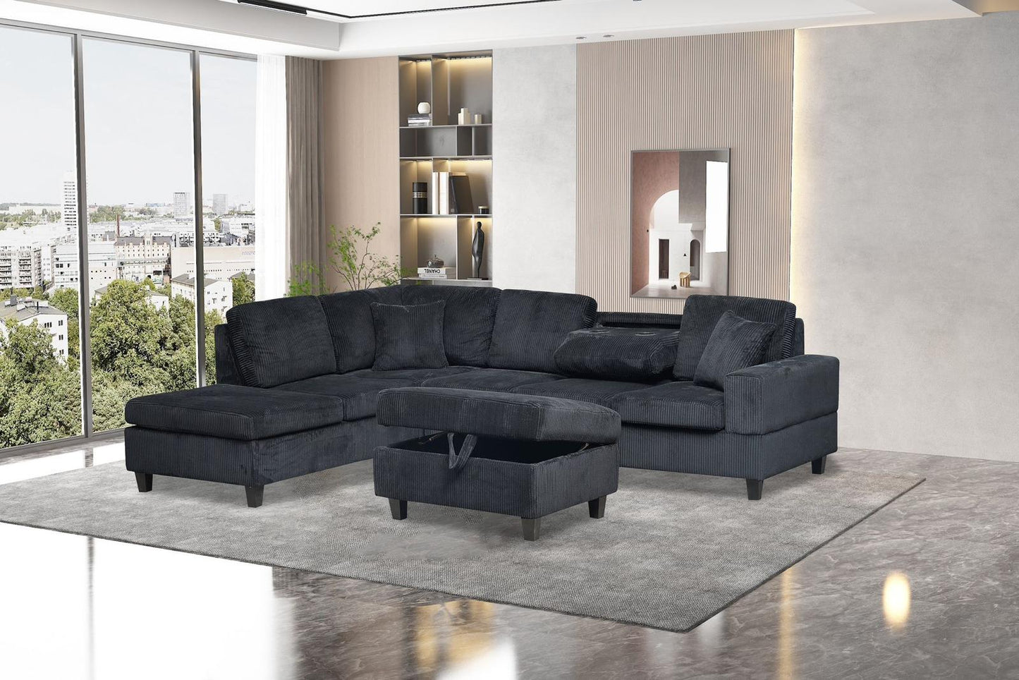 (107 BLACK)- REVERSIBLE- CORDUROY SECTIONAL SOFA- WITH DROP DOWN TRAY AND STORAGE OTTOMAN- TEXT OR WHATSAPP 416 319 8851 FOR STOCK AVAILABILITY BEFORE PAYING (Copy)