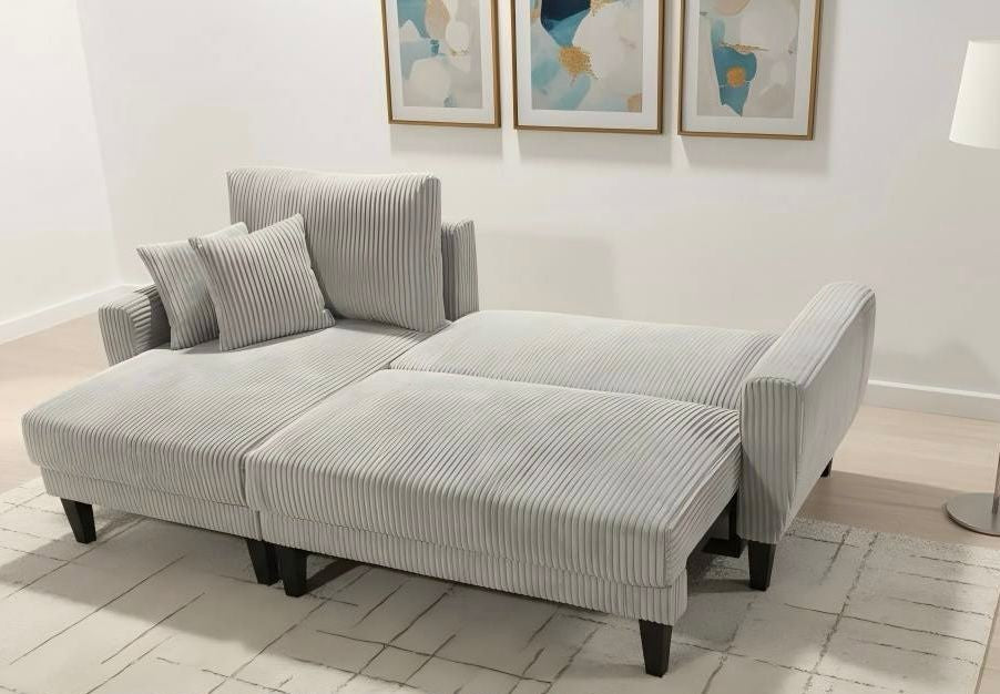 (2507 LIGHT GREY)- 91" LONG- REVERSIBLE- CORDUROY FABRIC SECTIONAL SOFA WITH PULL OUT BED