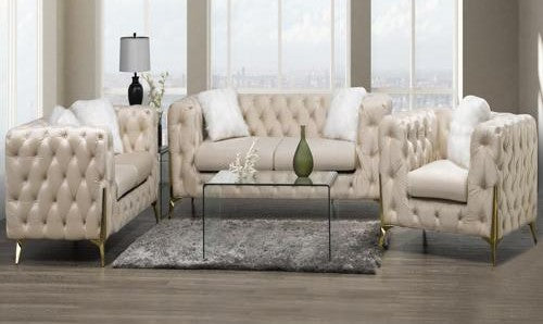 (MODERNO BEIGE SLC)- VELVET FABRIC- BUTTON TUFTED- SOFA + LOVESEAT + CHAIR- TEXT OR WHATSAPP 416 319 8851 FOR STOCK AVAILABILITY BEFORE PAYING
