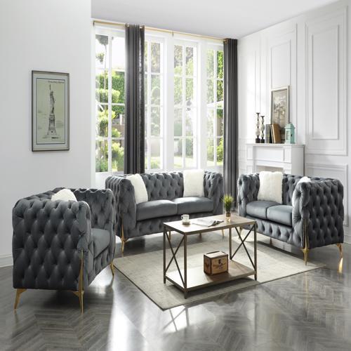 (MODERNO GREY SLC)- VELVET FABRIC- BUTTON TUFTED- SOFA + LOVESEAT + CHAIR- TEXT OR WHATSAPP 416 319 8851 FOR STOCK AVAILABILITY BEFORE PAYING