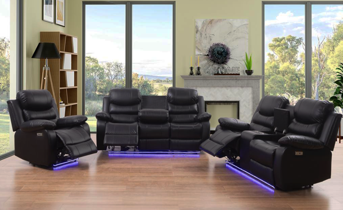 (MONOCO BLACK POWER SLC)- LEATHER RECLINER 3 PC SOFA SET- TEXT OR WHATSAPP @ 416 319 8851 FOR STOCK AVAILABILITY BEFORE PAYING