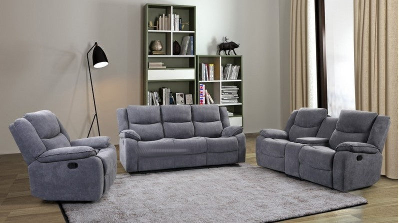 (MONOCO GREY MANUAL SLC)- FABRIC RECLINER 3 PC SOFA SET- TEXT OR WHATSAPP @ 416 319 8851 FOR STOCK AVAILABILITY BEFORE PAYING