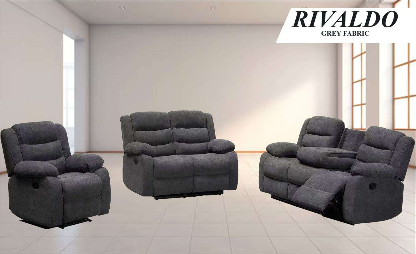 (RIVALDO GREY SLC)- FABRIC MANUAL RECLINER 3 PC SOFA SET- TEXT OR WHATSAPP @ 416 319 8851 FOR STOCK AVAILABILITY BEFORE PAYING